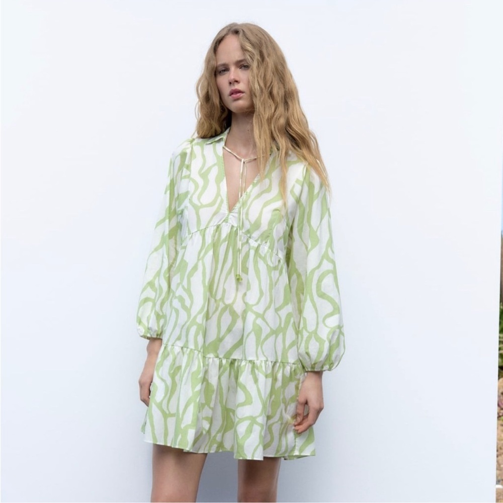 Zara Dress Sz Small Green Maximalist Tiered Sun Dress Lightweight Ruffle Peasant